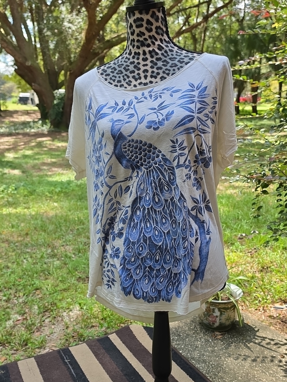 Lucky Brand Cream Tee with Blue Peacock Graphic